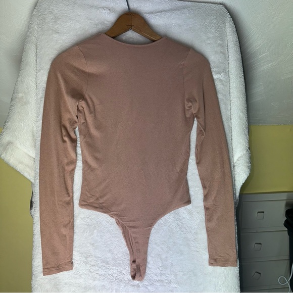 NAKED WARDROBE Deep V Long Sleeve Coco Nude Brown Bodysuit Bodycon Basics Small - Picture 4 of 9